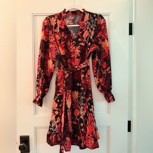 Red and Black Long Sleeve Wrap Dress with Tie Front